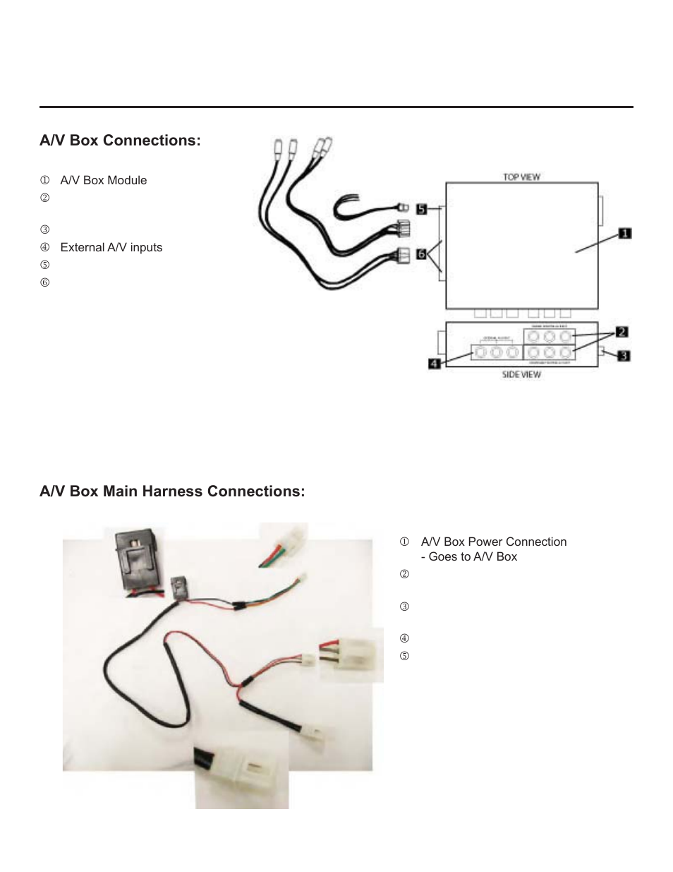 A/v box connections, A/v box main harness connections | Vizualogic VW Touareg System User Manual | Page 2 / 20