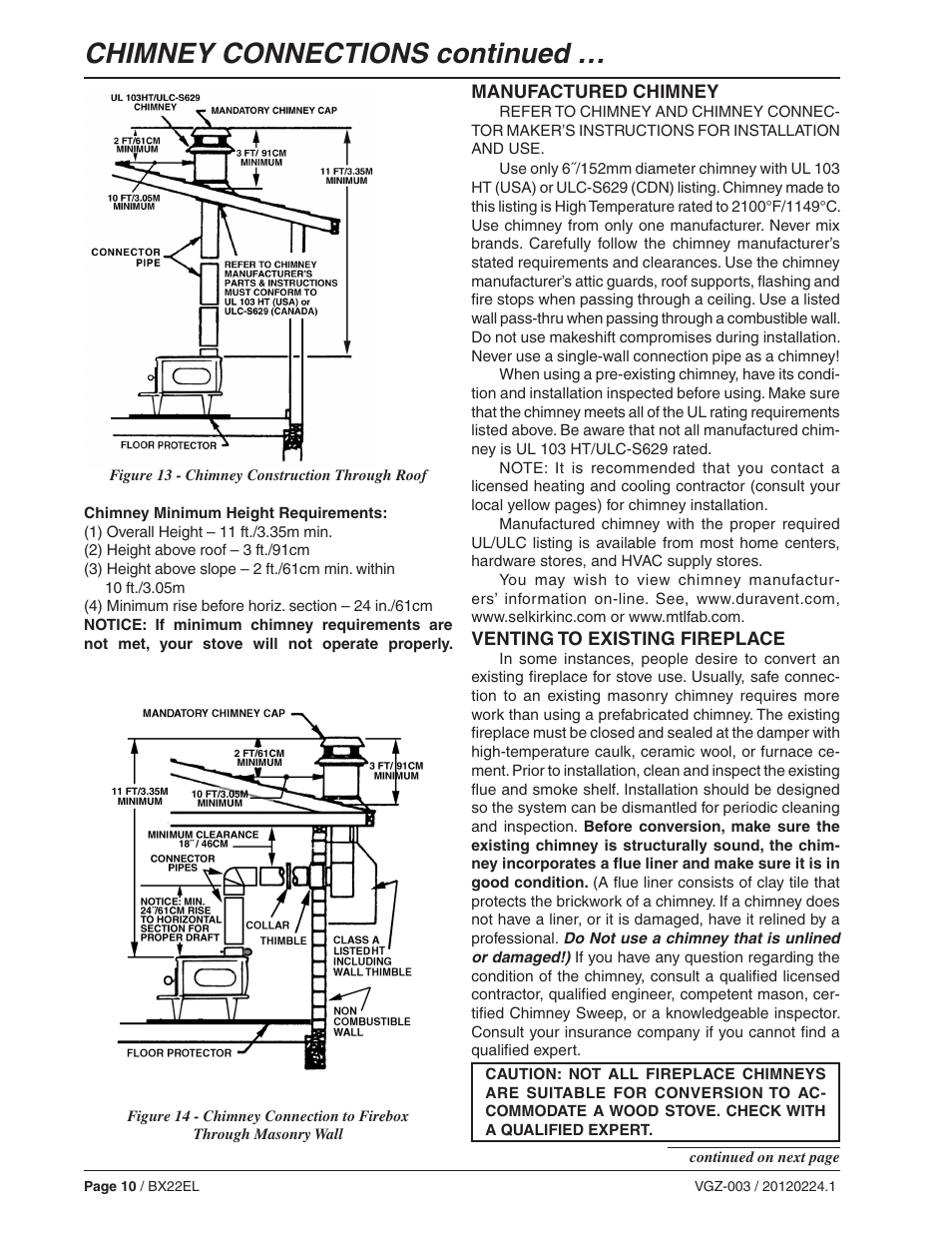 Chimney connections continued | Vogelzang BX22EL User Manual | Page 10 / 18