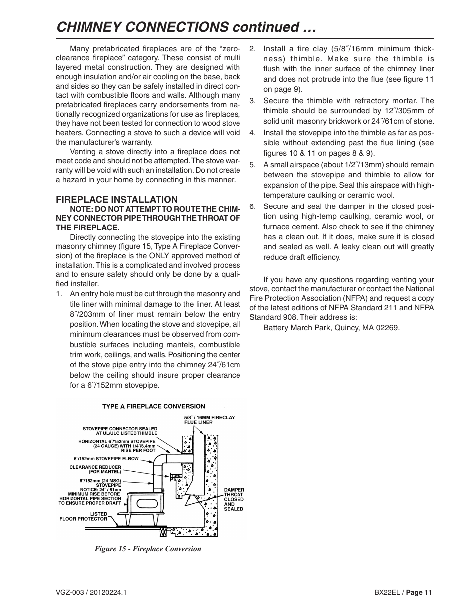 Chimney connections continued | Vogelzang BX22EL User Manual | Page 11 / 18