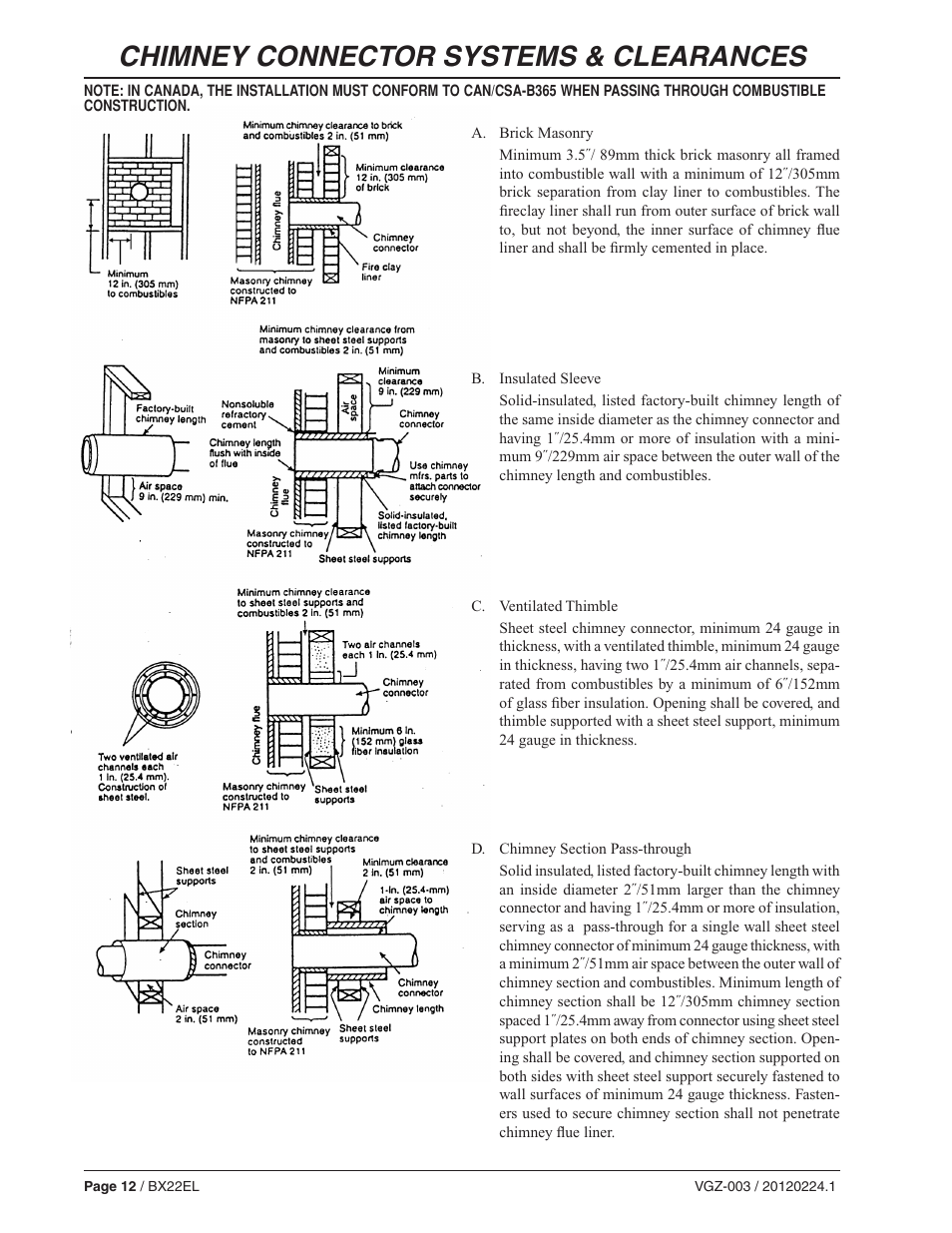 Chimney connector systems & clearances | Vogelzang BX22EL User Manual | Page 12 / 18