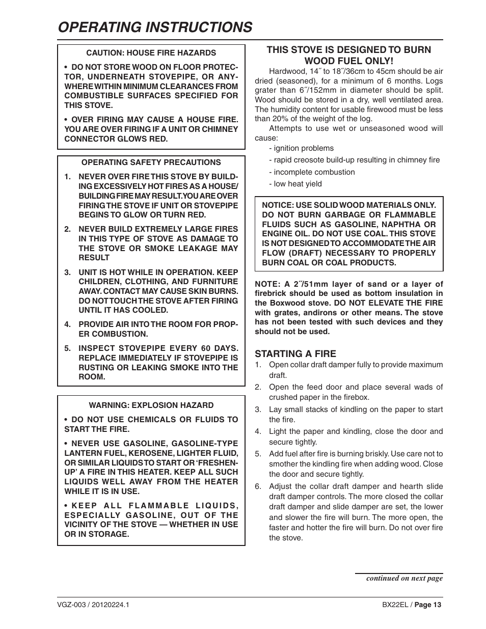 Operating instructions | Vogelzang BX22EL User Manual | Page 13 / 18