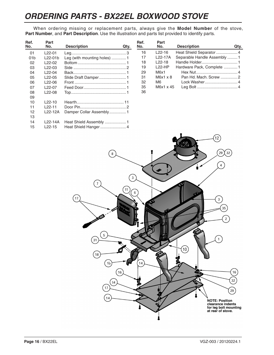 Ordering parts - bx22el boxwood stove | Vogelzang BX22EL User Manual | Page 16 / 18