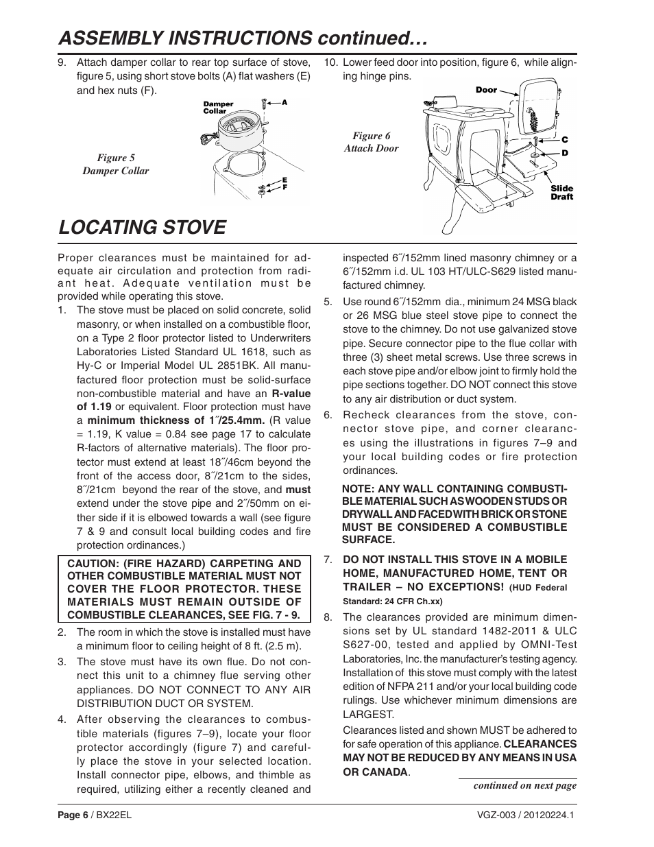 Assembly instructions continued, Locating stove | Vogelzang BX22EL User Manual | Page 6 / 18