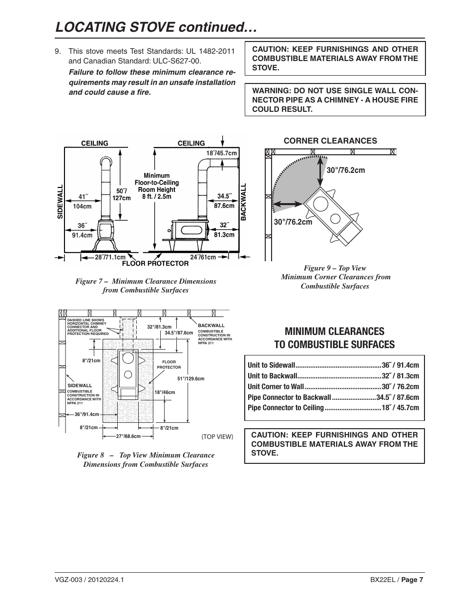 Locating stove continued, Minimum clearances to combustible surfaces | Vogelzang BX22EL User Manual | Page 7 / 18