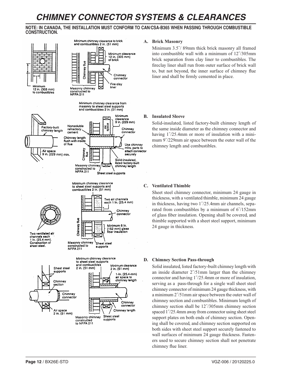 Chimney connector systems & clearances | Vogelzang BX26E User Manual | Page 12 / 18