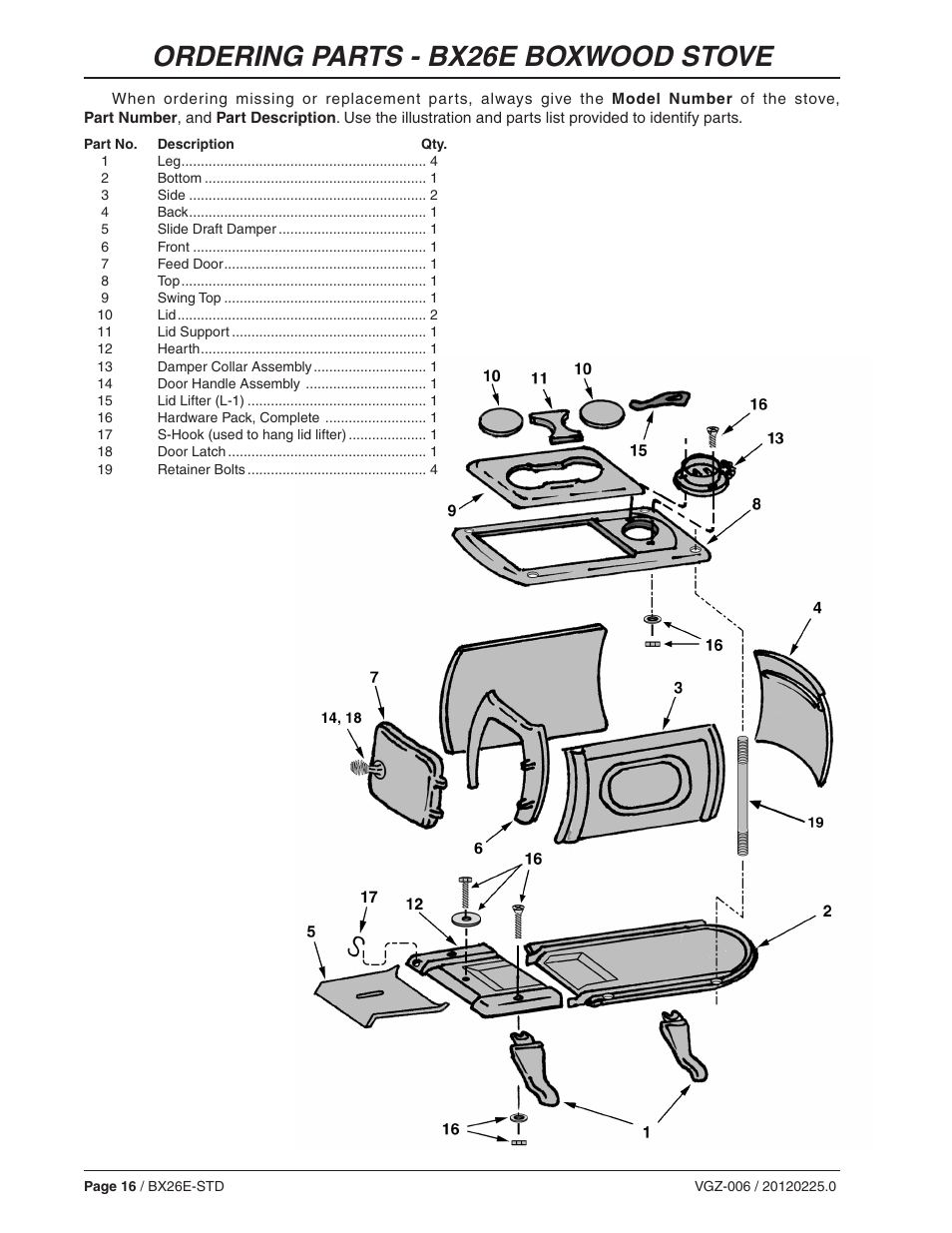Ordering parts - bx26e boxwood stove | Vogelzang BX26E User Manual | Page 16 / 18