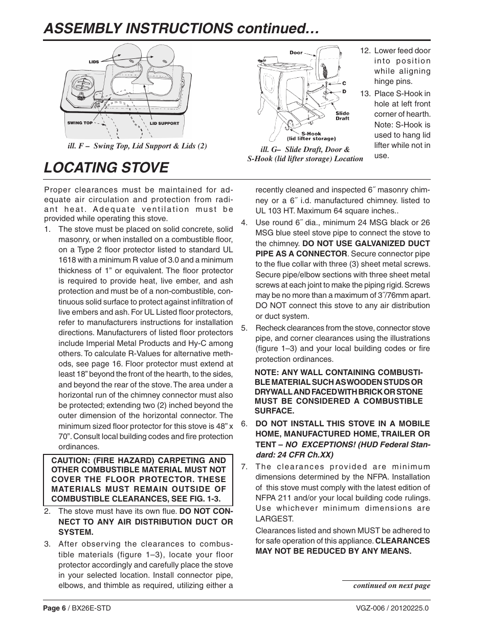 Assembly instructions continued, Locating stove | Vogelzang BX26E User Manual | Page 6 / 18