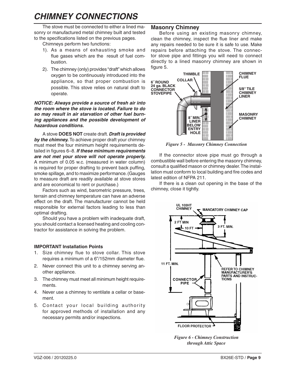 Chimney connections, Masonry chimney | Vogelzang BX26E User Manual | Page 9 / 18