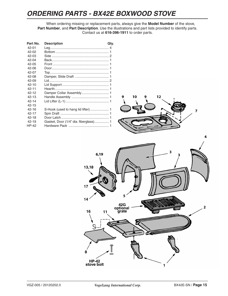 Ordering parts - bx42e boxwood stove | Vogelzang BX42E User Manual | Page 15 / 18