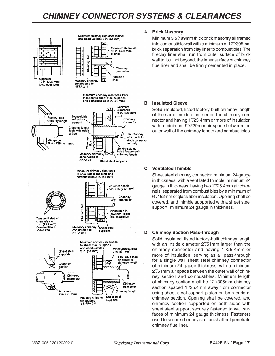 Chimney connector systems & clearances | Vogelzang BX42E User Manual | Page 17 / 18