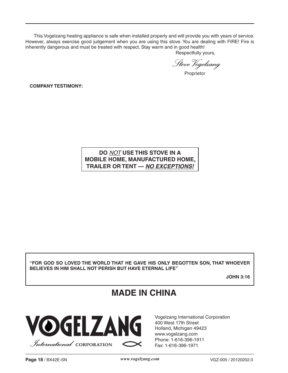 Steve vogelzang, Made in china | Vogelzang BX42E User Manual | Page 18 / 18