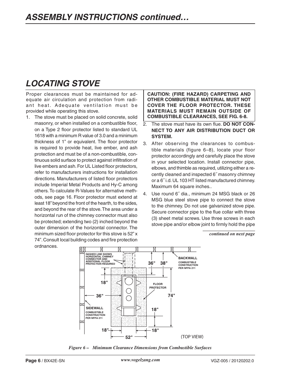 Locating stove, Assembly instructions continued | Vogelzang BX42E User Manual | Page 6 / 18