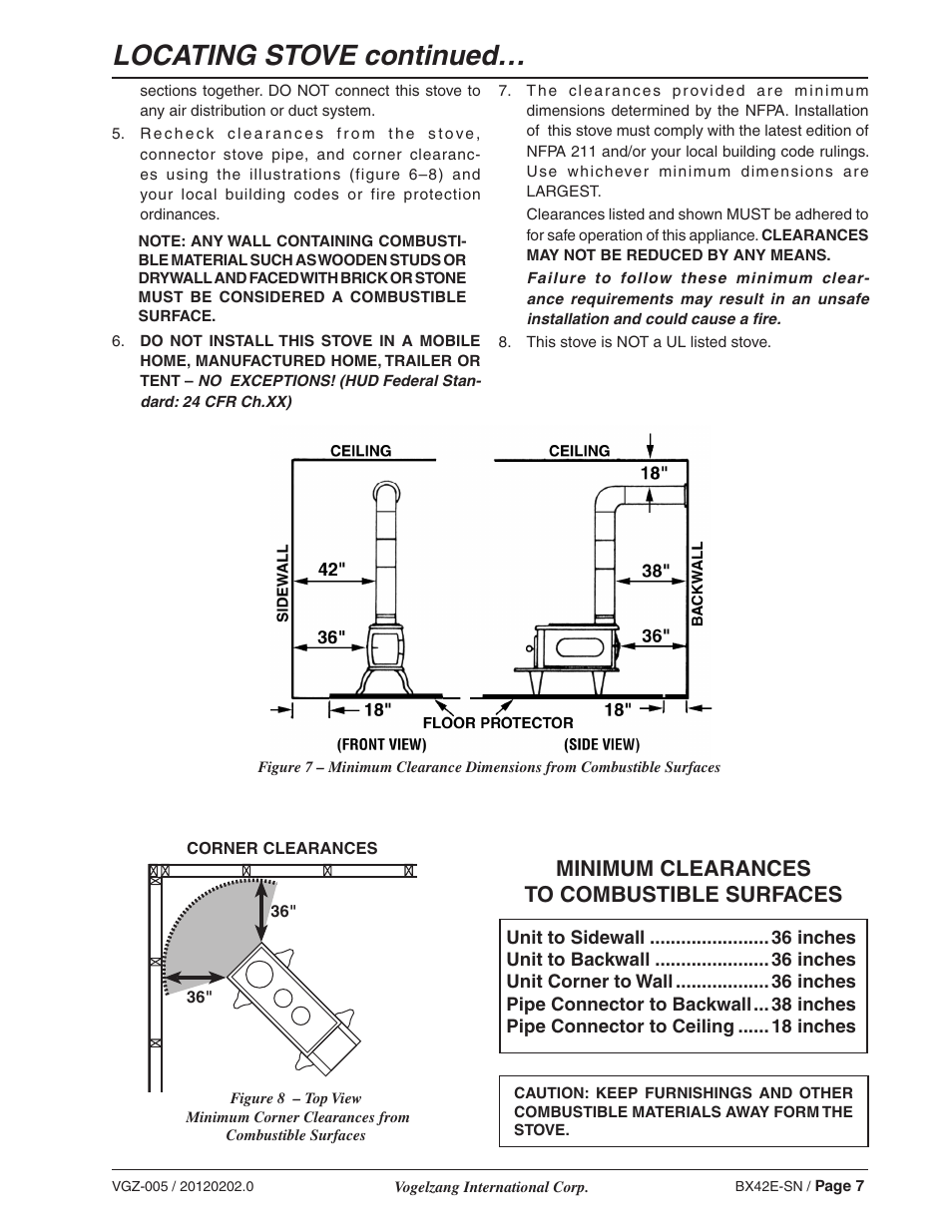 Locating stove continued, Minimum clearances to combustible surfaces | Vogelzang BX42E User Manual | Page 7 / 18
