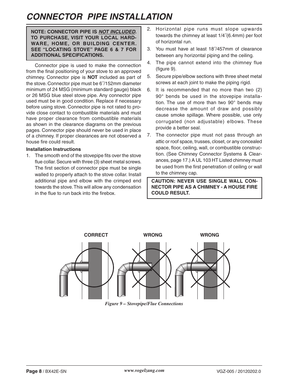 Connector pipe installation | Vogelzang BX42E User Manual | Page 8 / 18