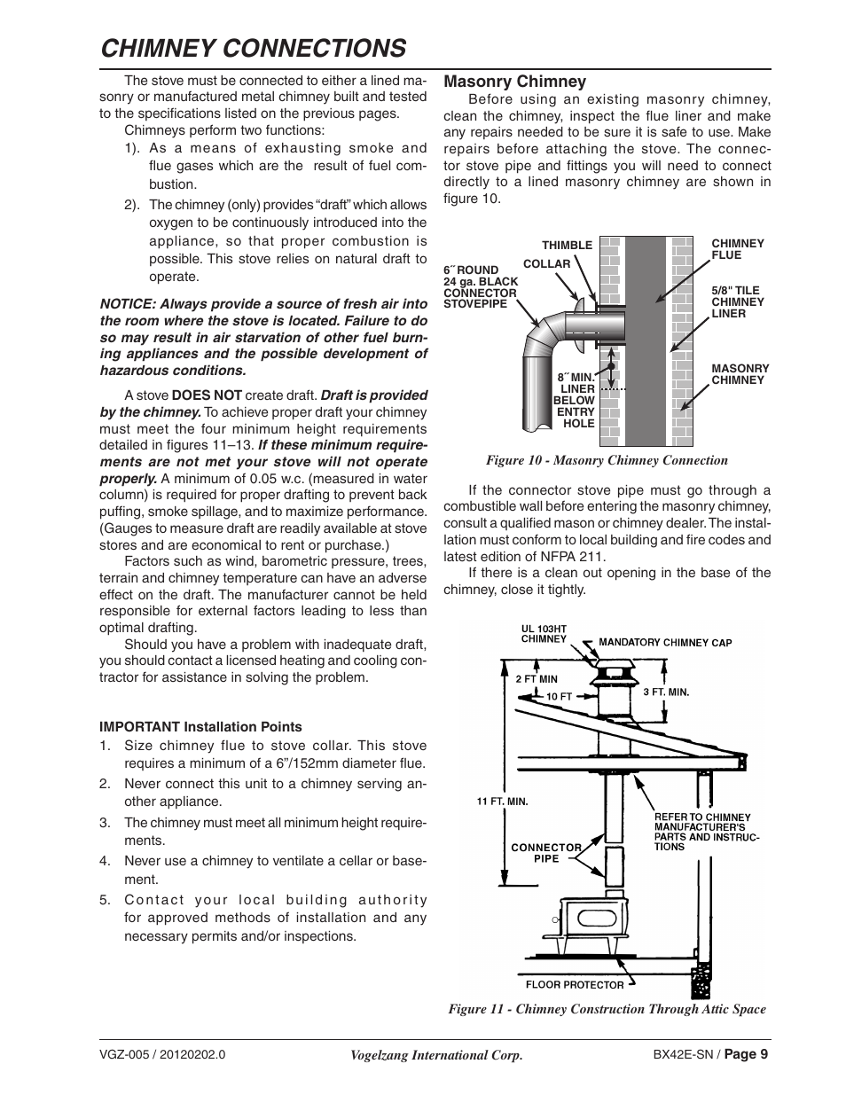 Chimney connections, Masonry chimney | Vogelzang BX42E User Manual | Page 9 / 18