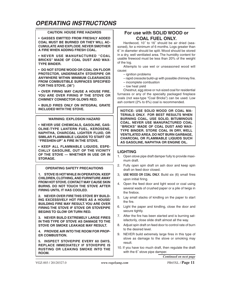 Operating instructions, For use with solid wood or coal fuel only | Vogelzang PB65XL User Manual | Page 11 / 16