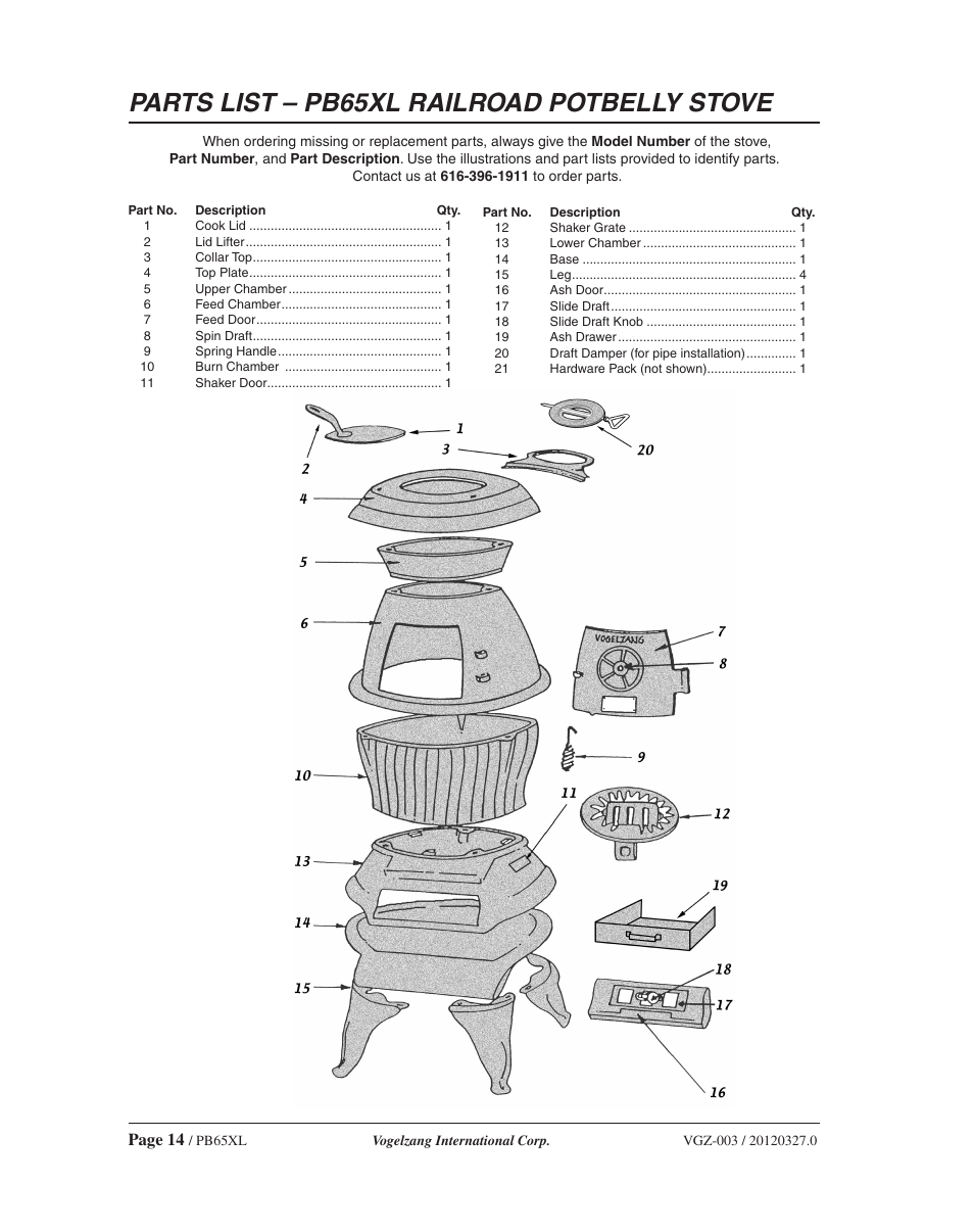 Parts list – pb65xl railroad potbelly stove, Page 14 | Vogelzang PB65XL User Manual | Page 14 / 16