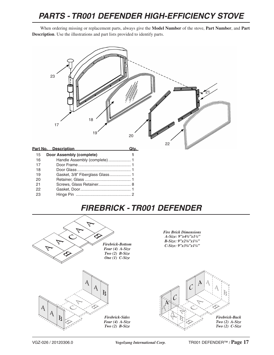 Parts - tr001 defender high-efficiency stove, Firebrick - tr001 defender, Aa c | Ab a a b | Vogelzang TR001 User Manual | Page 17 / 20