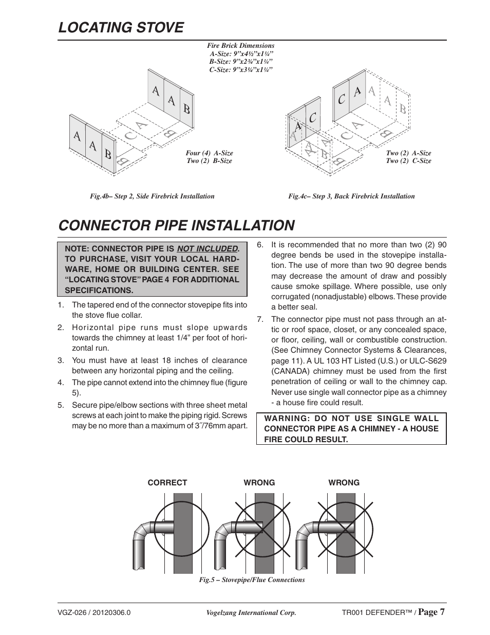 Locating stove, Connector pipe installation, Aa c | Ab a a b | Vogelzang TR001 User Manual | Page 7 / 20