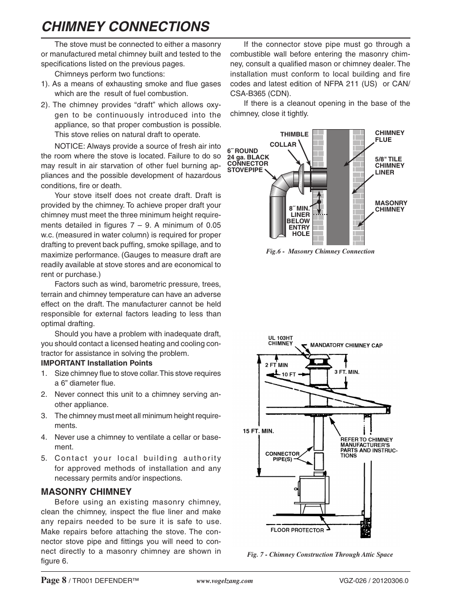 Chimney connections | Vogelzang TR001 User Manual | Page 8 / 20