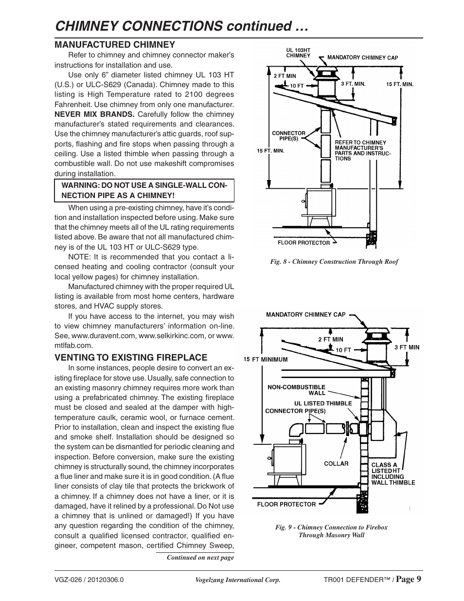 Chimney connections continued | Vogelzang TR001 User Manual | Page 9 / 20