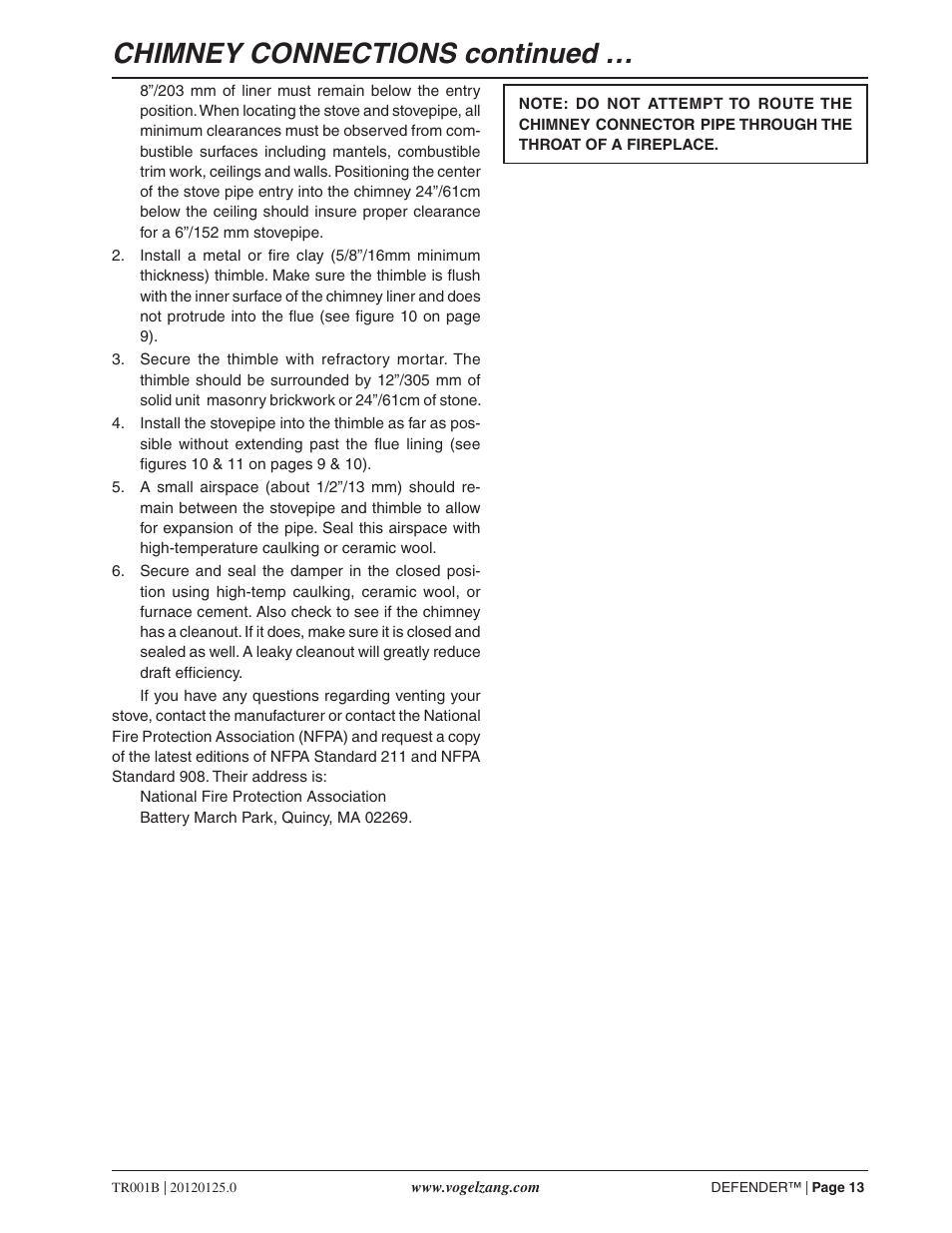 Chimney connections continued | Vogelzang TR001B User Manual | Page 13 / 24