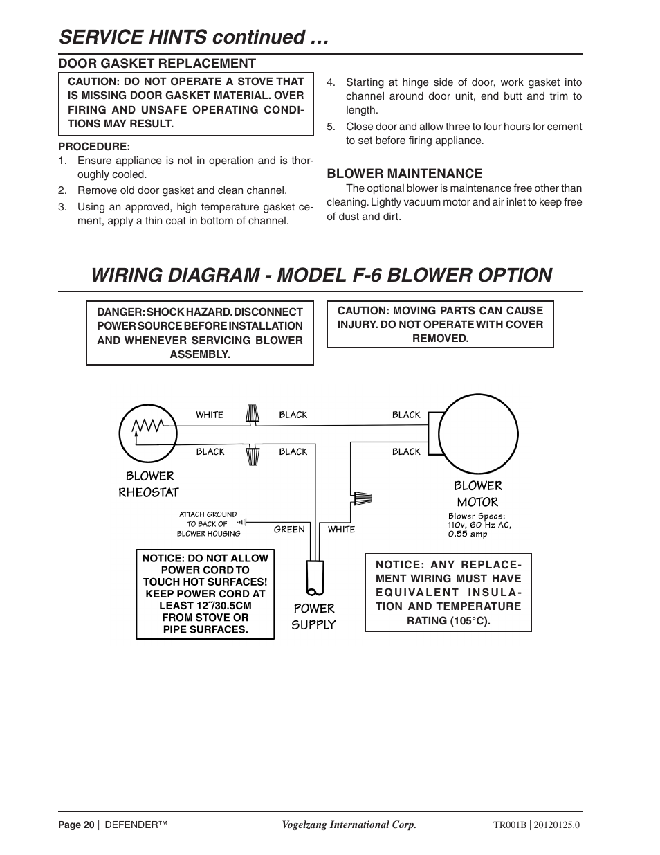 Wiring diagram - model f-6 blower option, Service hints continued | Vogelzang TR001B User Manual | Page 20 / 24