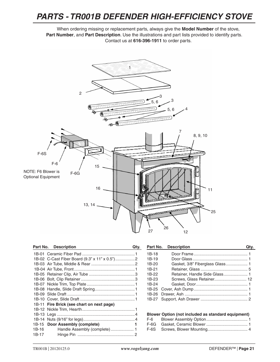 Parts - tr001b defender high-efficiency stove | Vogelzang TR001B User Manual | Page 21 / 24