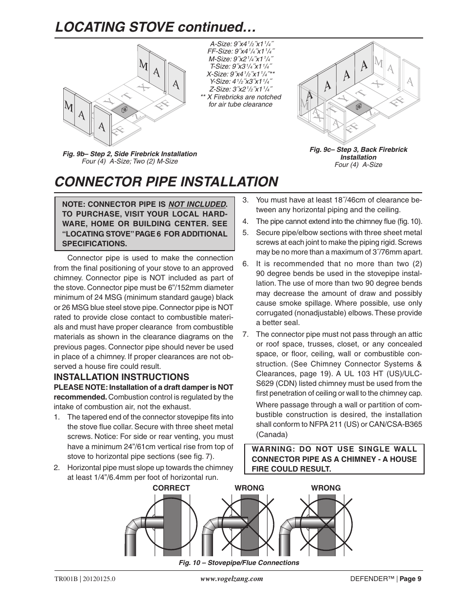 Locating stove continued, Connector pipe installation | Vogelzang TR001B User Manual | Page 9 / 24