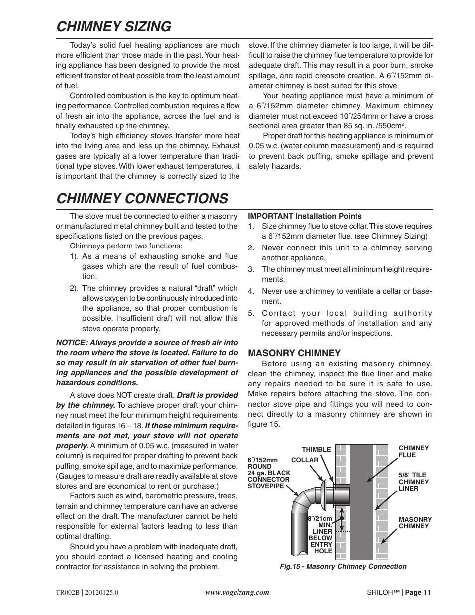 Chimney sizing, Chimney connections | Vogelzang TR002B User Manual | Page 11 / 26