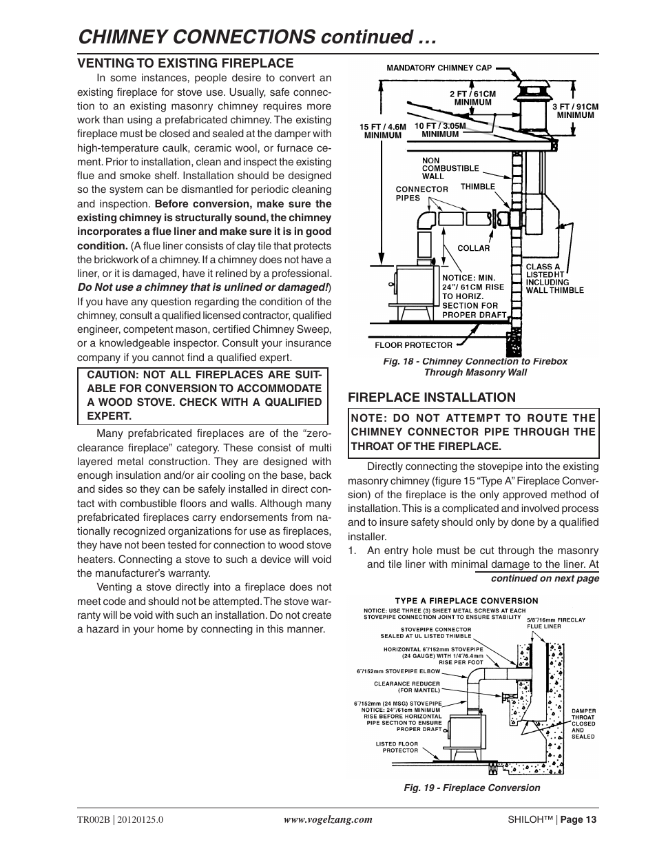 Chimney connections continued | Vogelzang TR002B User Manual | Page 13 / 26