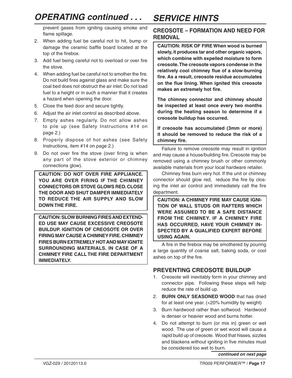 Service hints, Operating continued | Vogelzang TR009 User Manual | Page 17 / 24