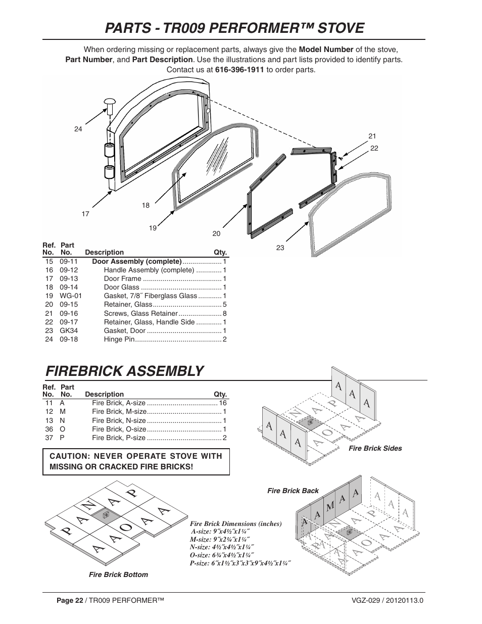 Parts - tr009 performer™ stove | Vogelzang TR009 User Manual | Page 22 / 24