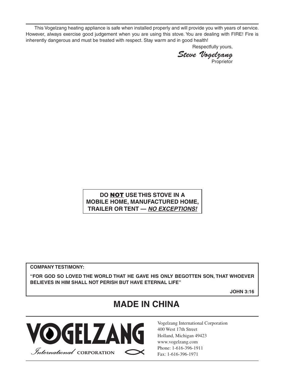 Made in china, Steve vogelzang | Vogelzang TR009 User Manual | Page 24 / 24
