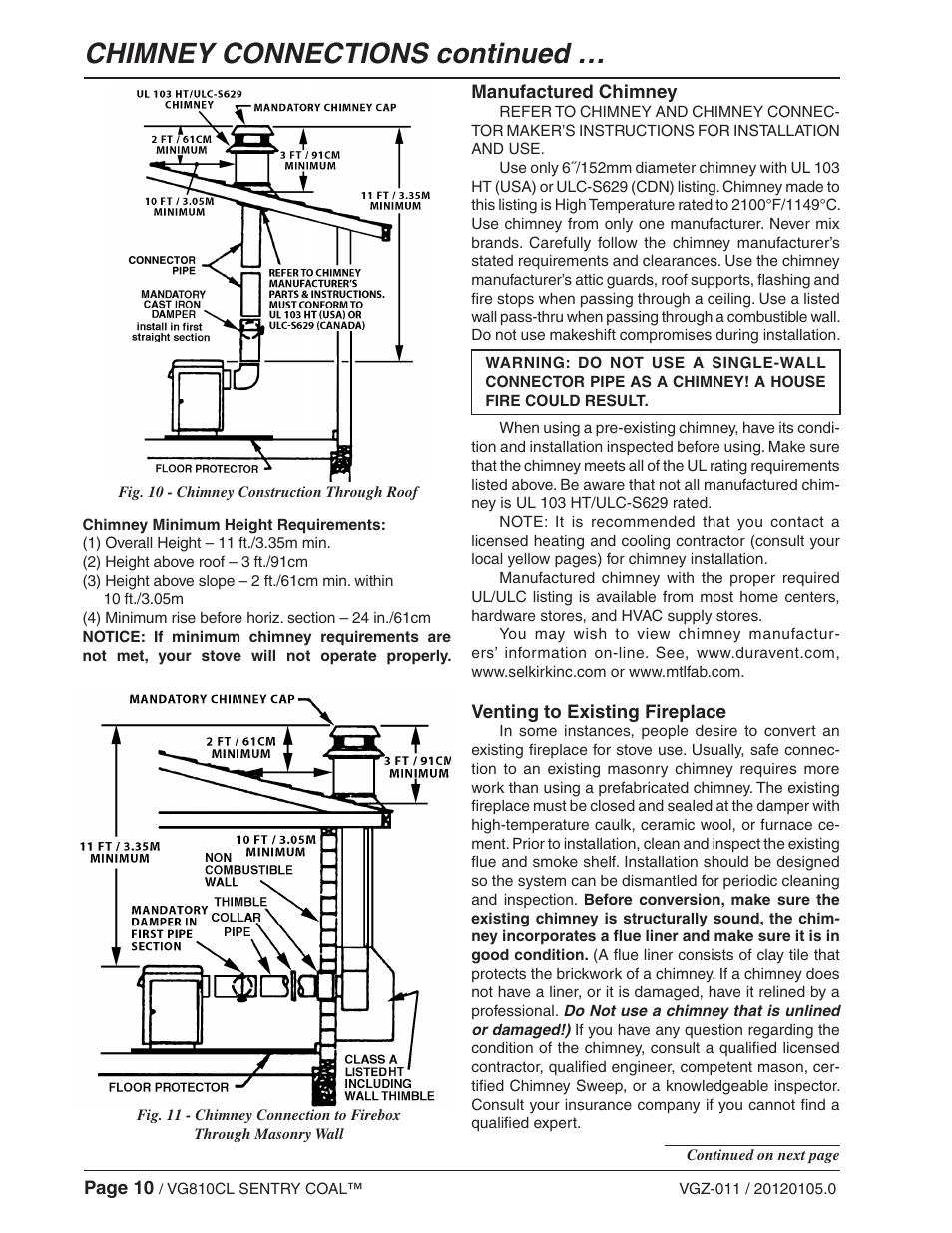 Chimney connections continued | Vogelzang VG810CL User Manual | Page 10 / 22