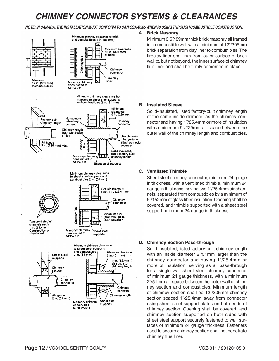 Chimney connector systems & clearances | Vogelzang VG810CL User Manual | Page 12 / 22