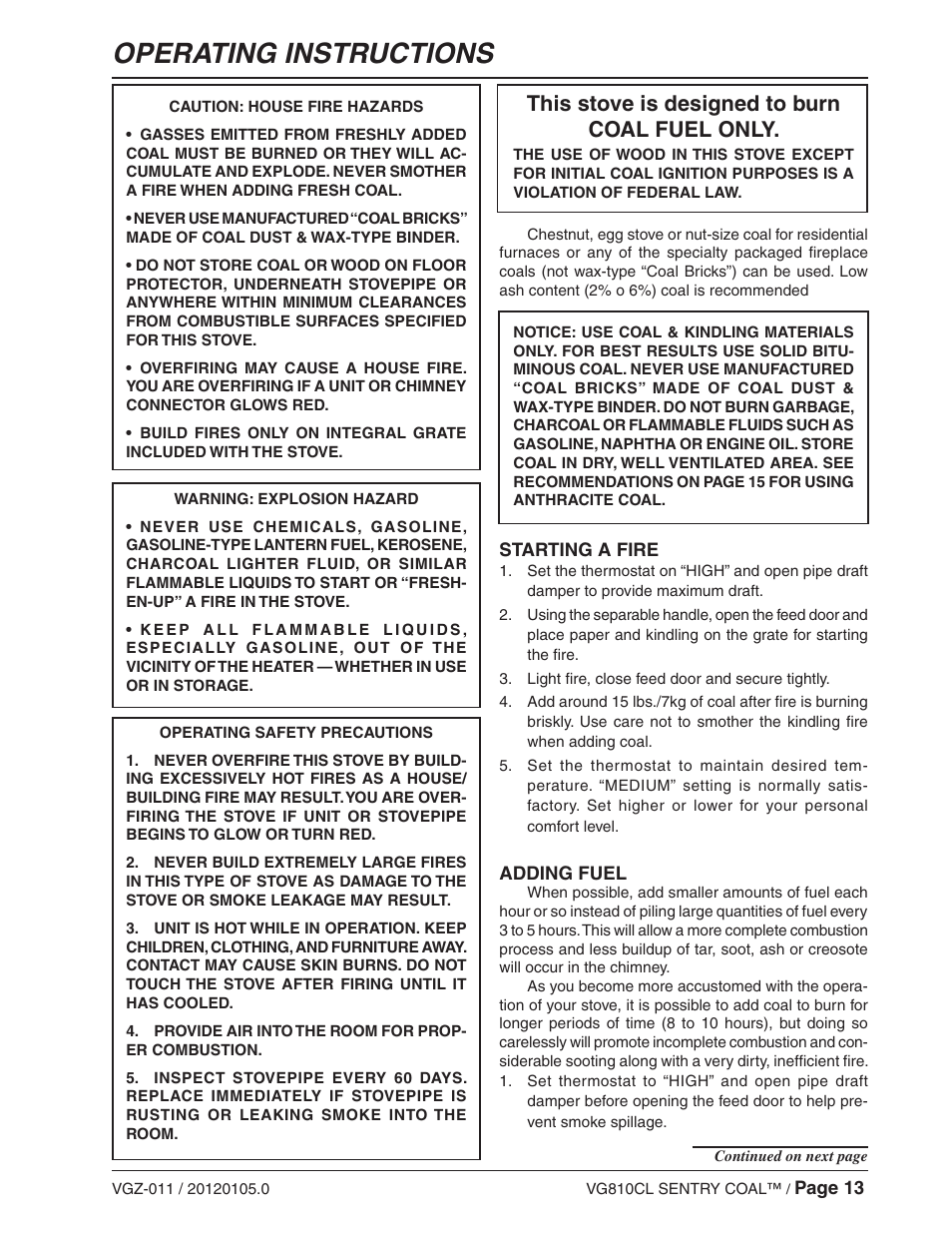 Operating instructions, This stove is designed to burn coal fuel only | Vogelzang VG810CL User Manual | Page 13 / 22