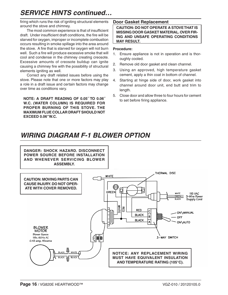 Service hints continued, Wiring diagram f-1 blower option | Vogelzang VG820E User Manual | Page 16 / 20