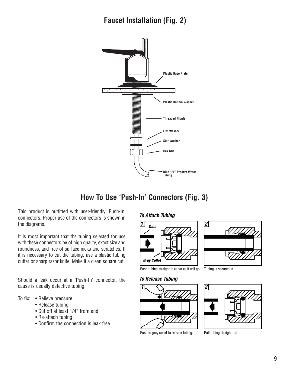 How to use ‘push-in’ connectors (fig. 3), Faucet installation (fig. 2) | Water Factory Systems FM1500 Faucet User Manual | Page 9 / 10