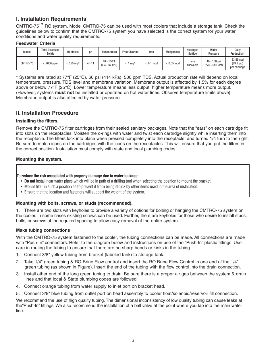 Caution, I. installation requirements, Ii. installation procedure | Water Factory Systems CMTRO-75 User Manual | Page 4 / 8