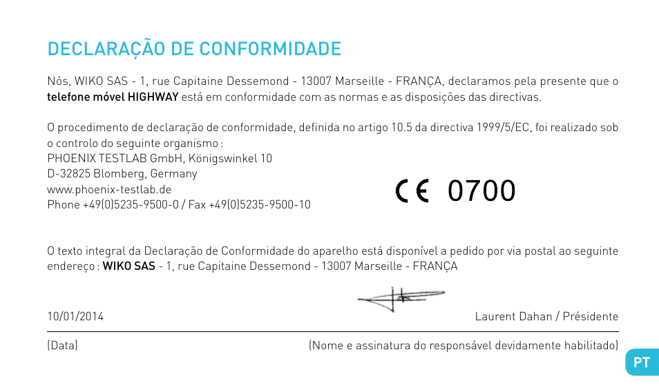 Declaração de conformidade | Wiko HIGHWAY User Manual | Page 121 / 194