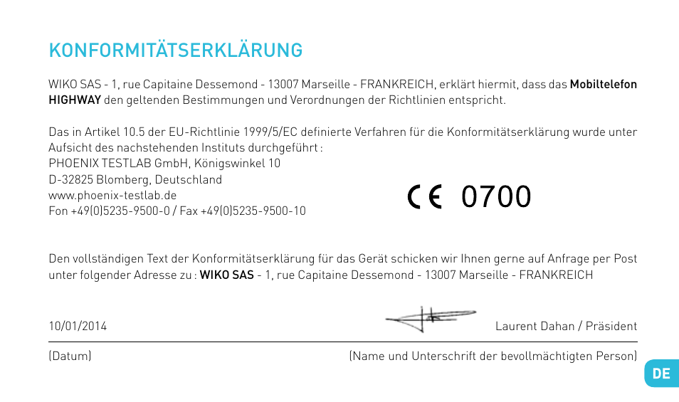 Konformitätserklärung | Wiko HIGHWAY User Manual | Page 145 / 194