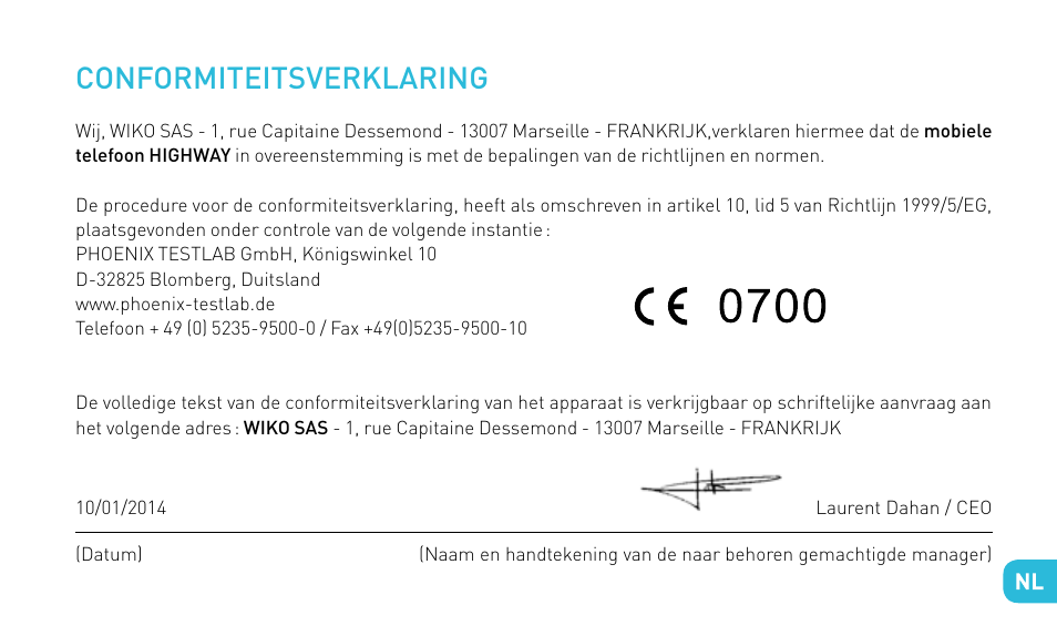 Conformiteitsverklaring | Wiko HIGHWAY User Manual | Page 169 / 194