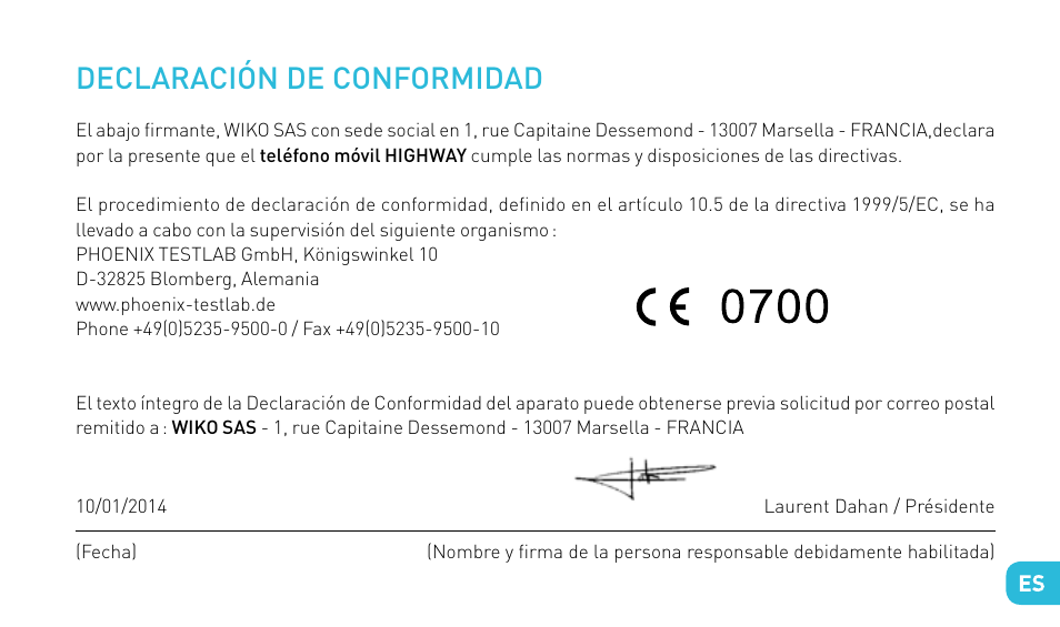 Declaración de conformidad | Wiko HIGHWAY User Manual | Page 97 / 194