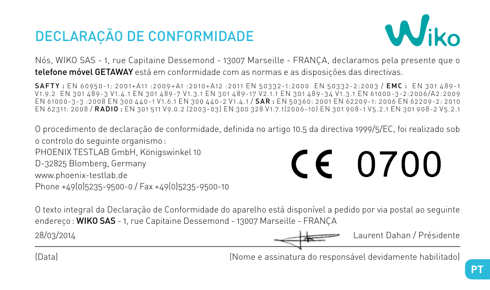 Declaração de conformidade | Wiko GETAWAY User Manual | Page 121 / 194