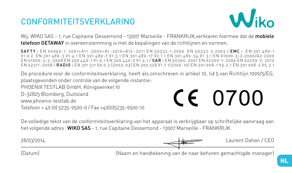 Conformiteitsverklaring | Wiko GETAWAY User Manual | Page 169 / 194