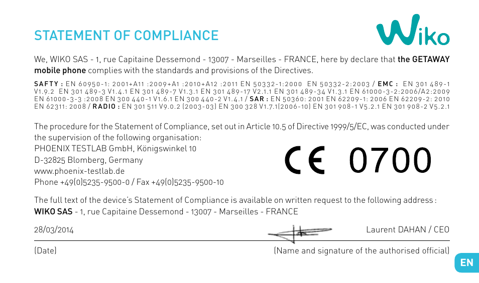 Statement of compliance | Wiko GETAWAY User Manual | Page 49 / 194