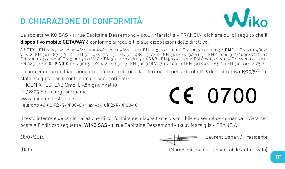 Dichiarazione di conformità | Wiko GETAWAY User Manual | Page 73 / 194