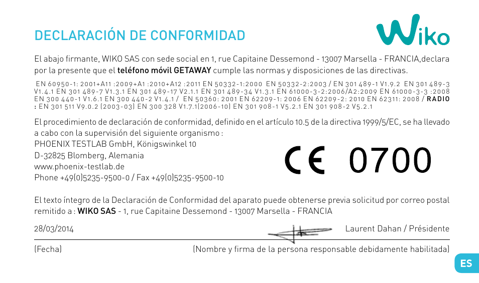 Declaración de conformidad | Wiko GETAWAY User Manual | Page 97 / 194