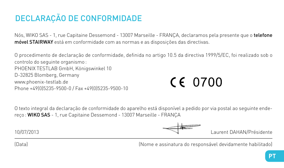 Declaração de conformidade | Wiko STAIRWAY User Manual | Page 113 / 180